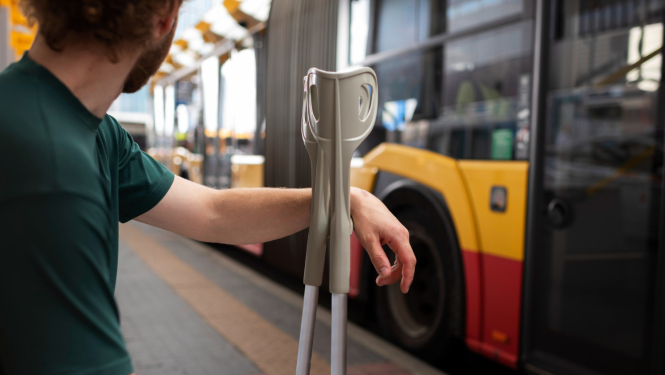 Sēž cilvēks ar kruķiem un fonā ir satiksmes autobuss