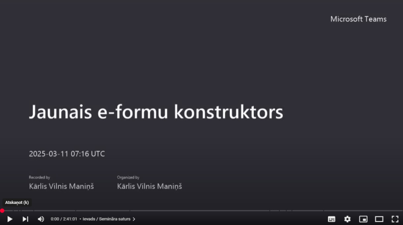E-formu apmācību video semināra sākuma ekrāns