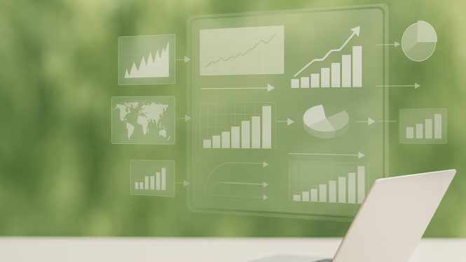 Zaļš fons ar grafikiem un dators