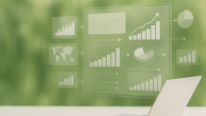 Zaļš fons ar grafikiem un dators