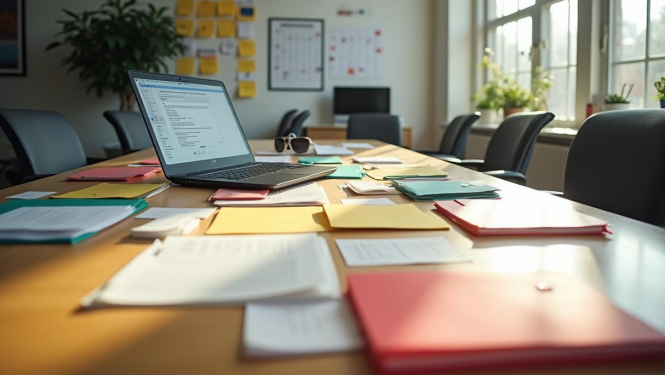 Liels rakstāmgalds ar dokumentiem. Galda vidū novietots portatīvais dators