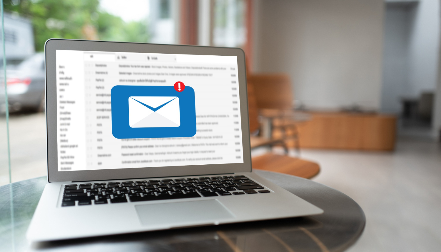 Klēpjdators uz tā ekrāna attēlota aploksne ar izsaukuma zīmi