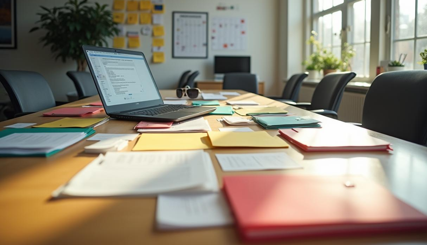 Liels rakstāmgalds ar dokumentiem. Galda vidū novietots portatīvais dators