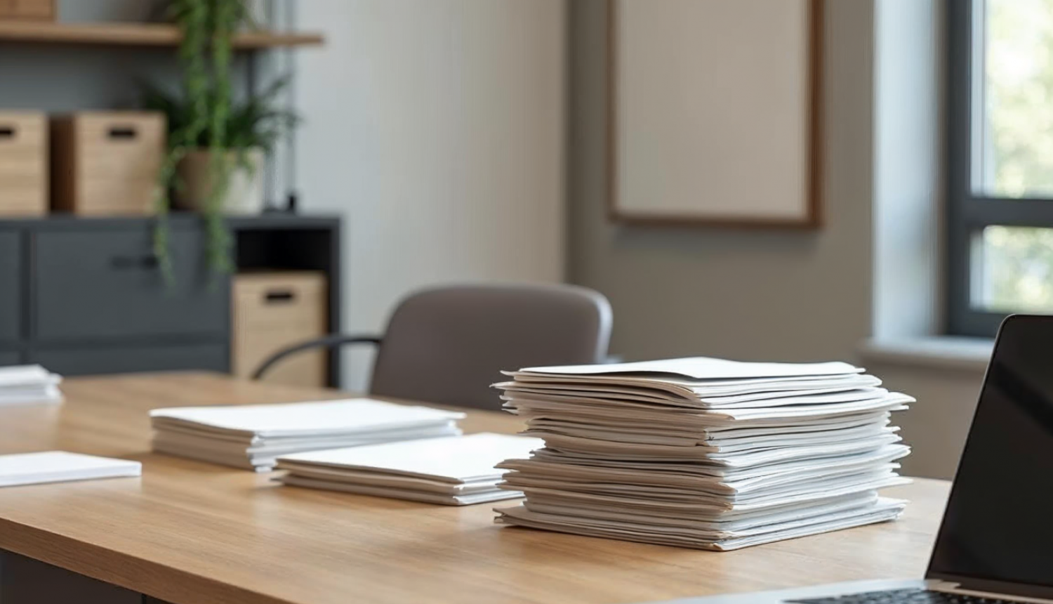 Garšs galds ar dokumentu kaudzēm un atvērtu klēpjdatoru