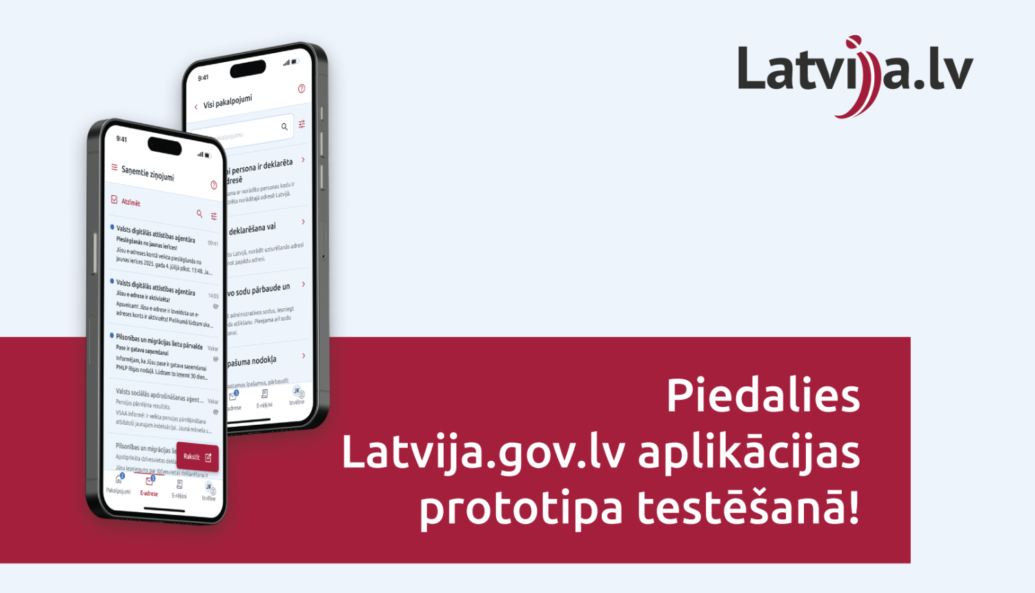 Attēls ar diviem viedtelefoniem un aicinājumu iepazīties ar Latvija.lv prototipu